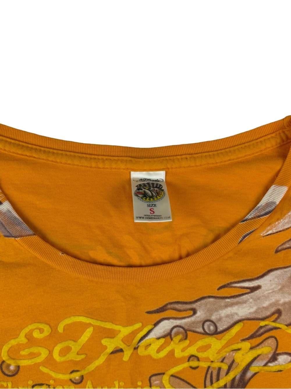 ED HARDY TATTOO SHEER MESH SLEEVE~KOI FISH~YELLOW COTTON SHIRT TOP USA Small - Picture 3 of 9